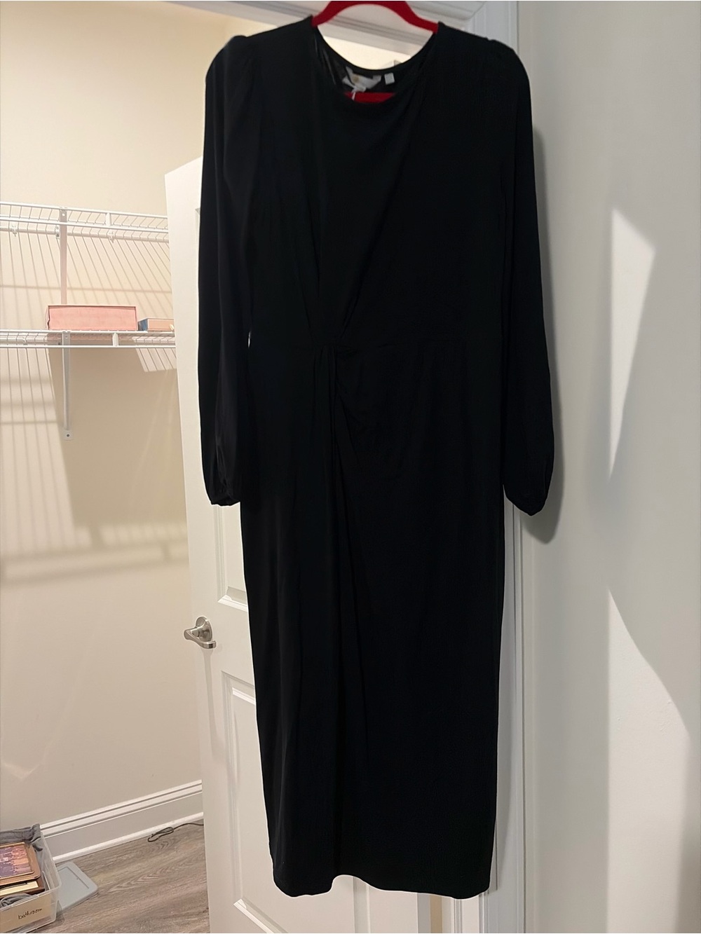 Black Long Sleeve Twist-Front Midi Dress